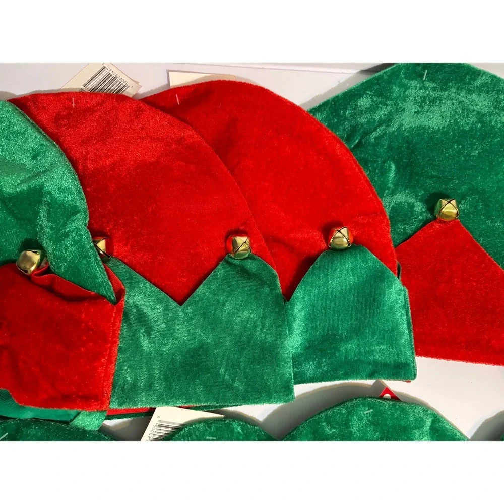 10 Pack Christmas Elf Hats Red Green Velvet Jingle Bells Holiday Party Lot NWT